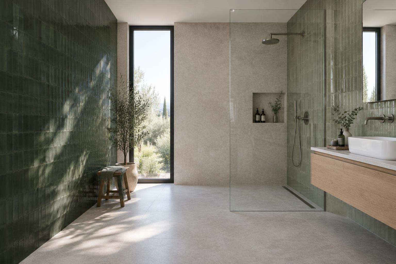 Baño de inspiración con azulejos verdes, ducha y mueble de madera